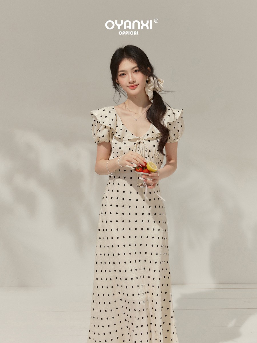 OYANXI ドット柄 Vネック フリル ロングワンピース