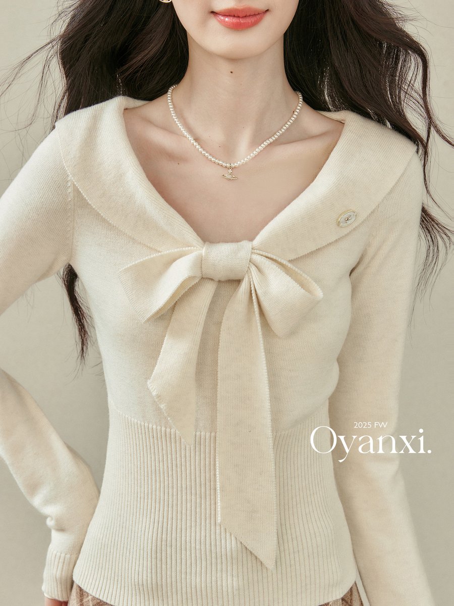 OYANXI セーラーカラー リボン ウエストシェイプ ニット