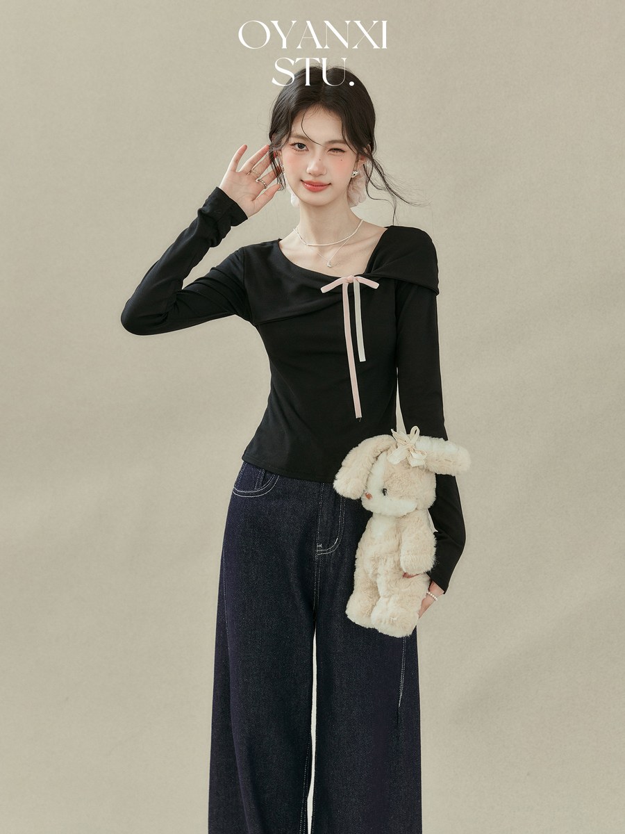 OYANXI リボン すっきりシルエット 長袖Tシャツ