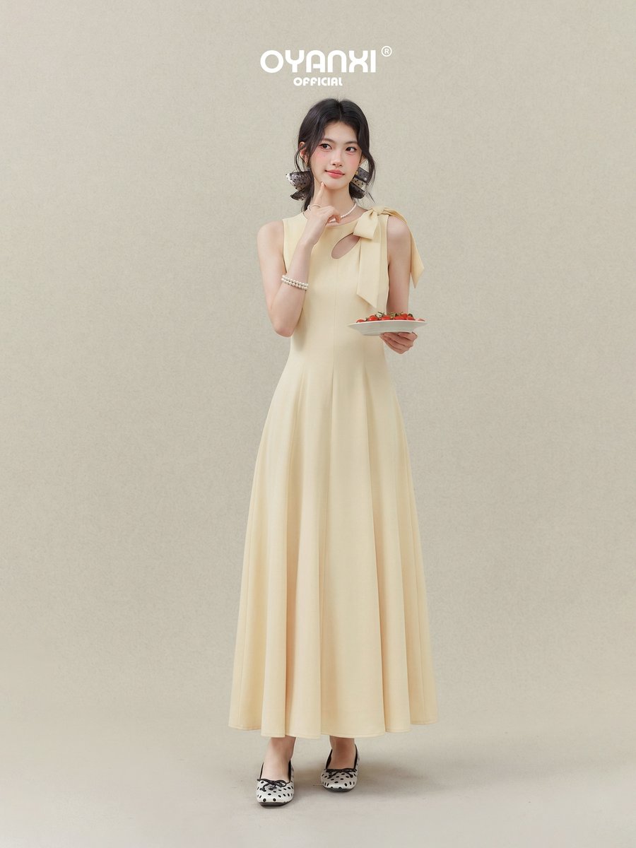 OYANXI リボン ノースリーブ ウエストシェイプ ロングワンピース