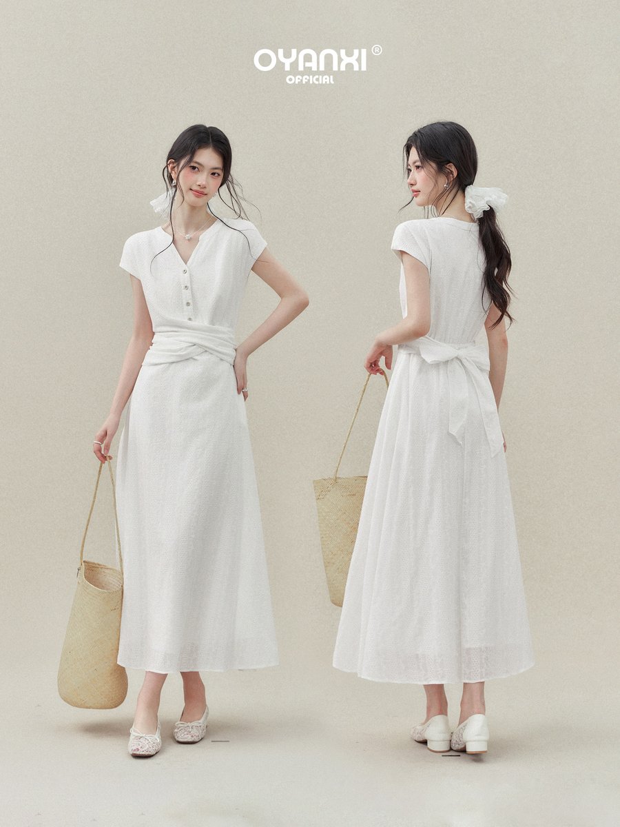 OYANXI Vネック ウエストリボン ロングワンピース