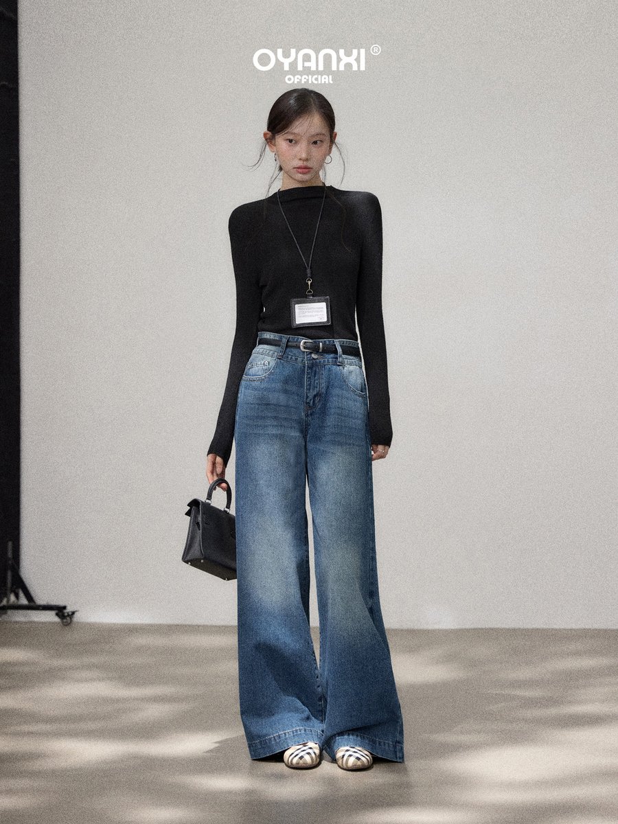 OYANXI ヴィンテージブルー ウォッシュ ハイウエスト ワイドデニムパンツ