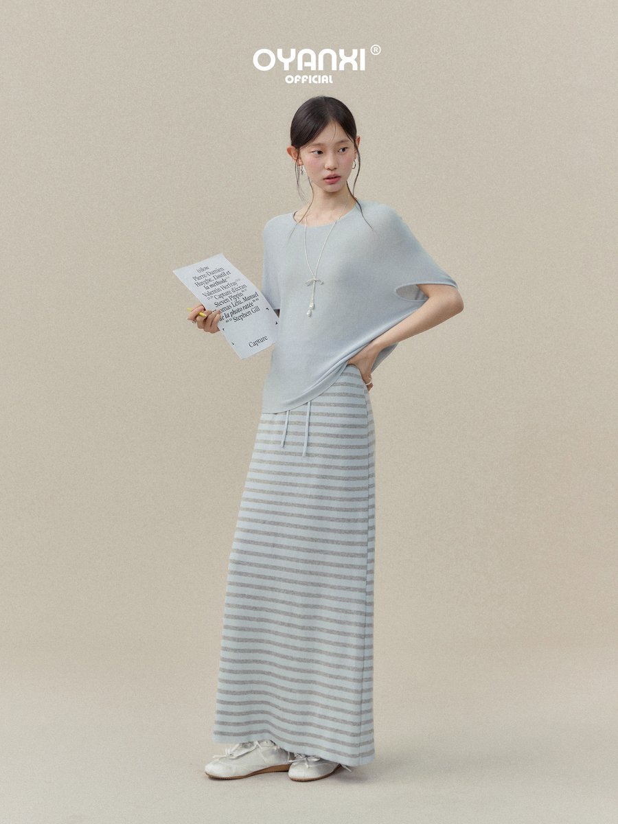 OYANXI クルーネック トップス＆ストライプスカート セットアップ