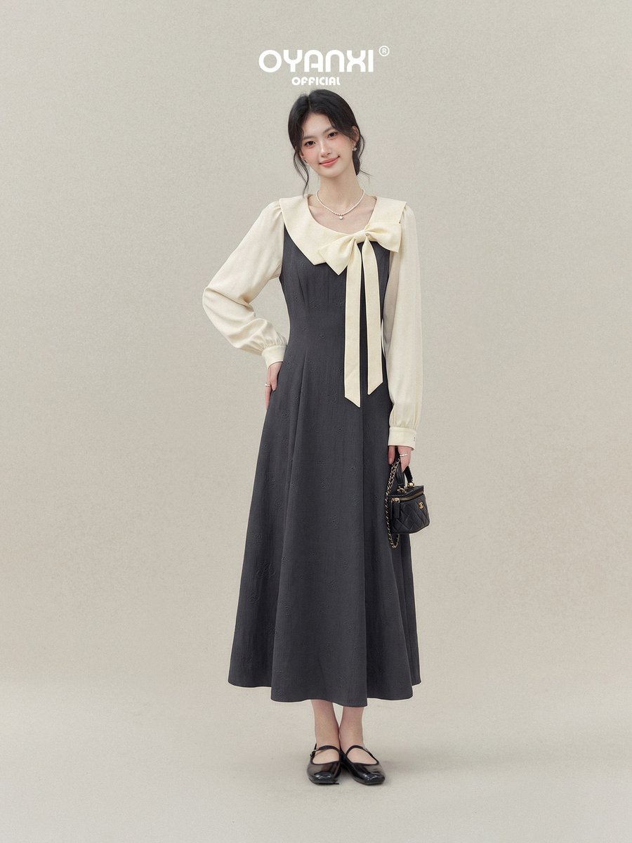 OYANXI 配色ビッグカラー フェイクレイヤード ロングワンピース