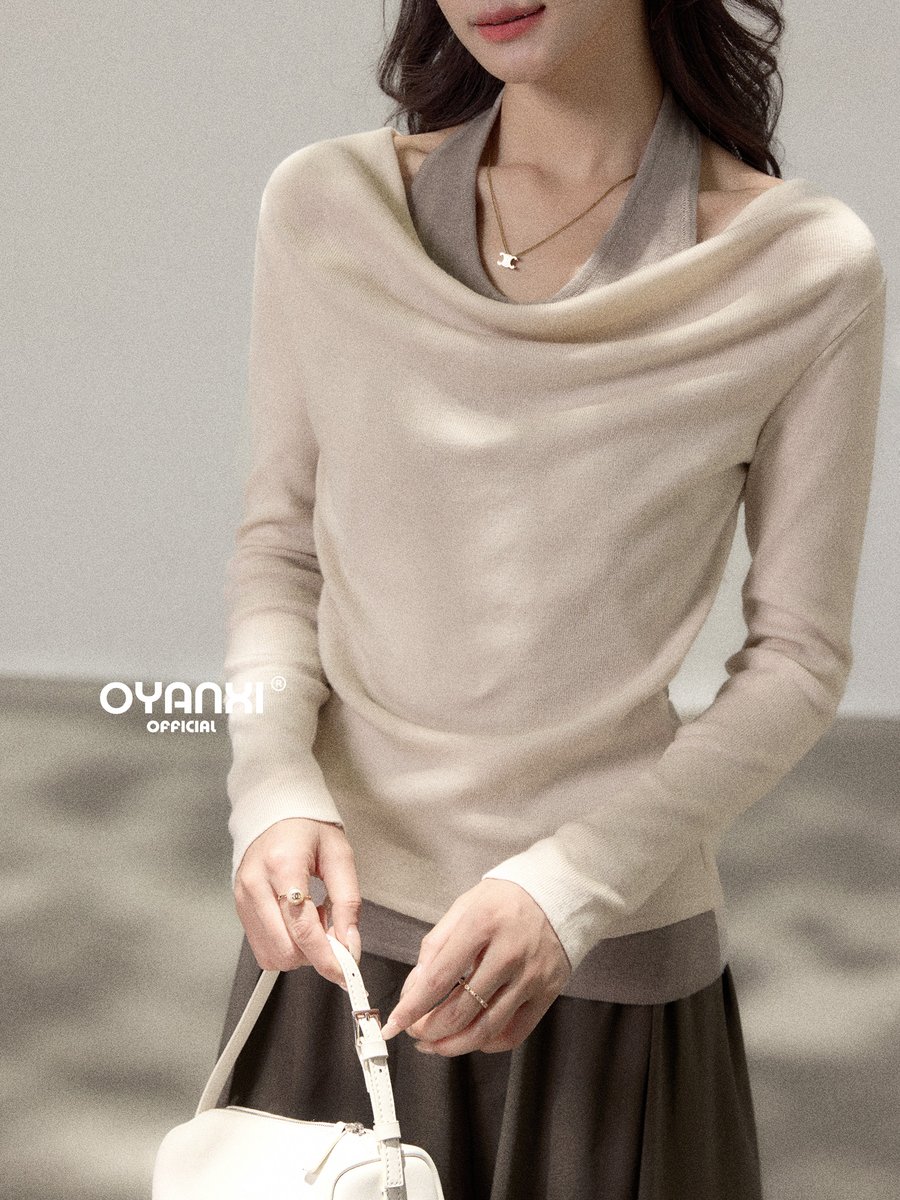OYANXI ドレープネック フェイクレイヤード ニットトップス