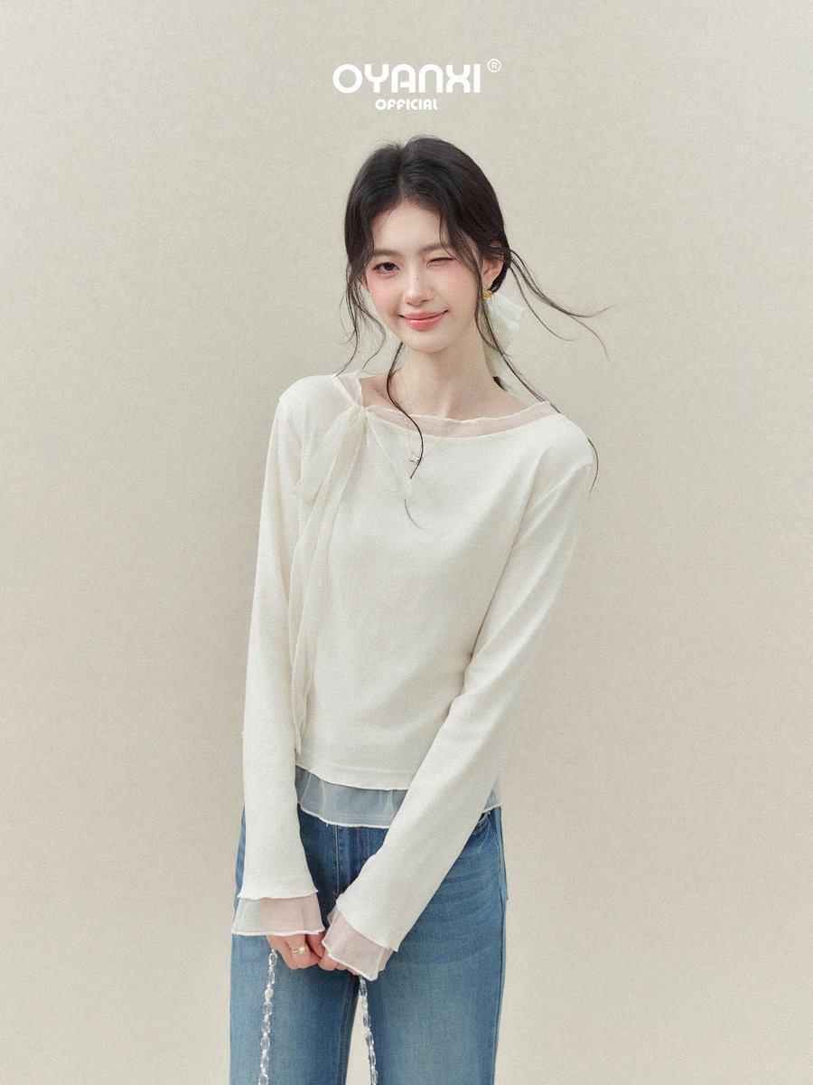 OYANXI チュール切り替え リボン クルーネック 長袖Tシャツ