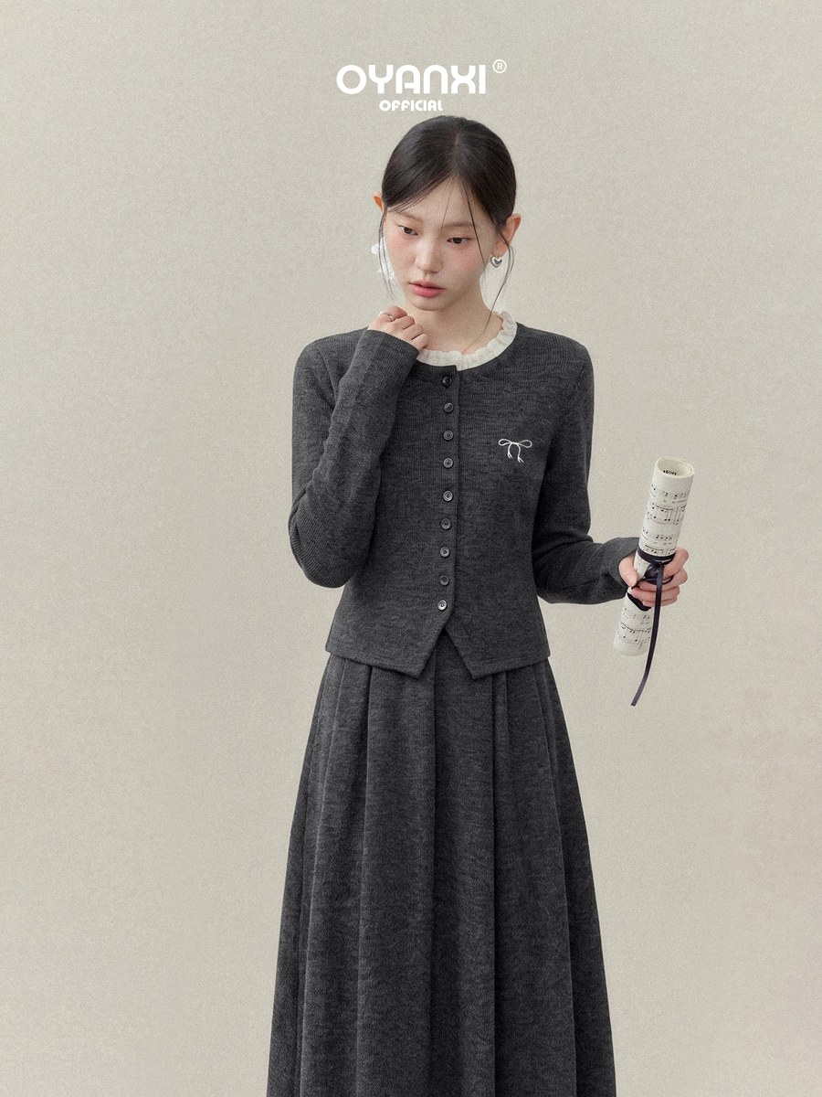 OYANXI レイヤード風 ニットカーディガン×ハイウエストAラインスカート 2点セット