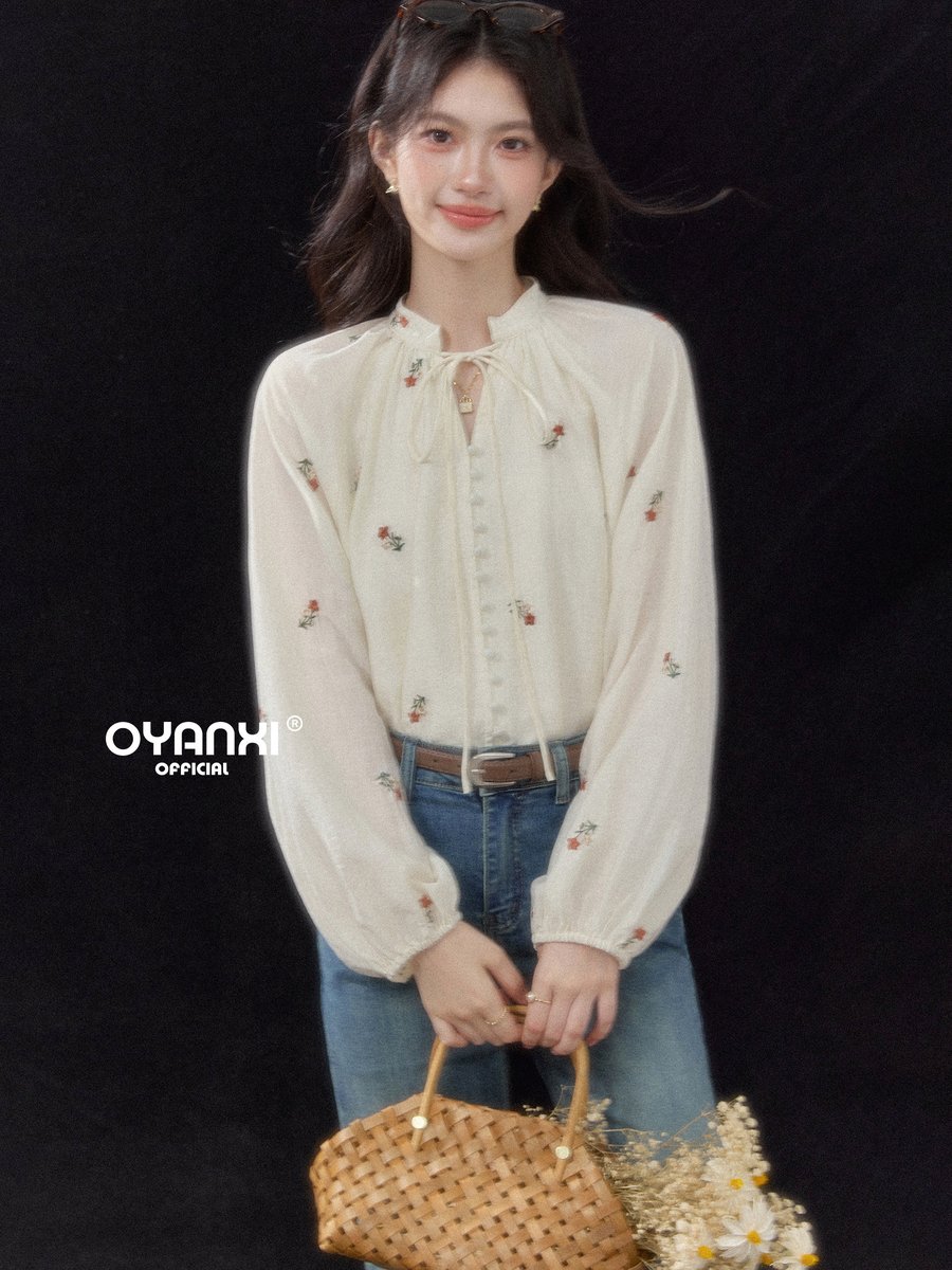 OYANXI 刺繍 Vネック バルーンスリーブ シャツ