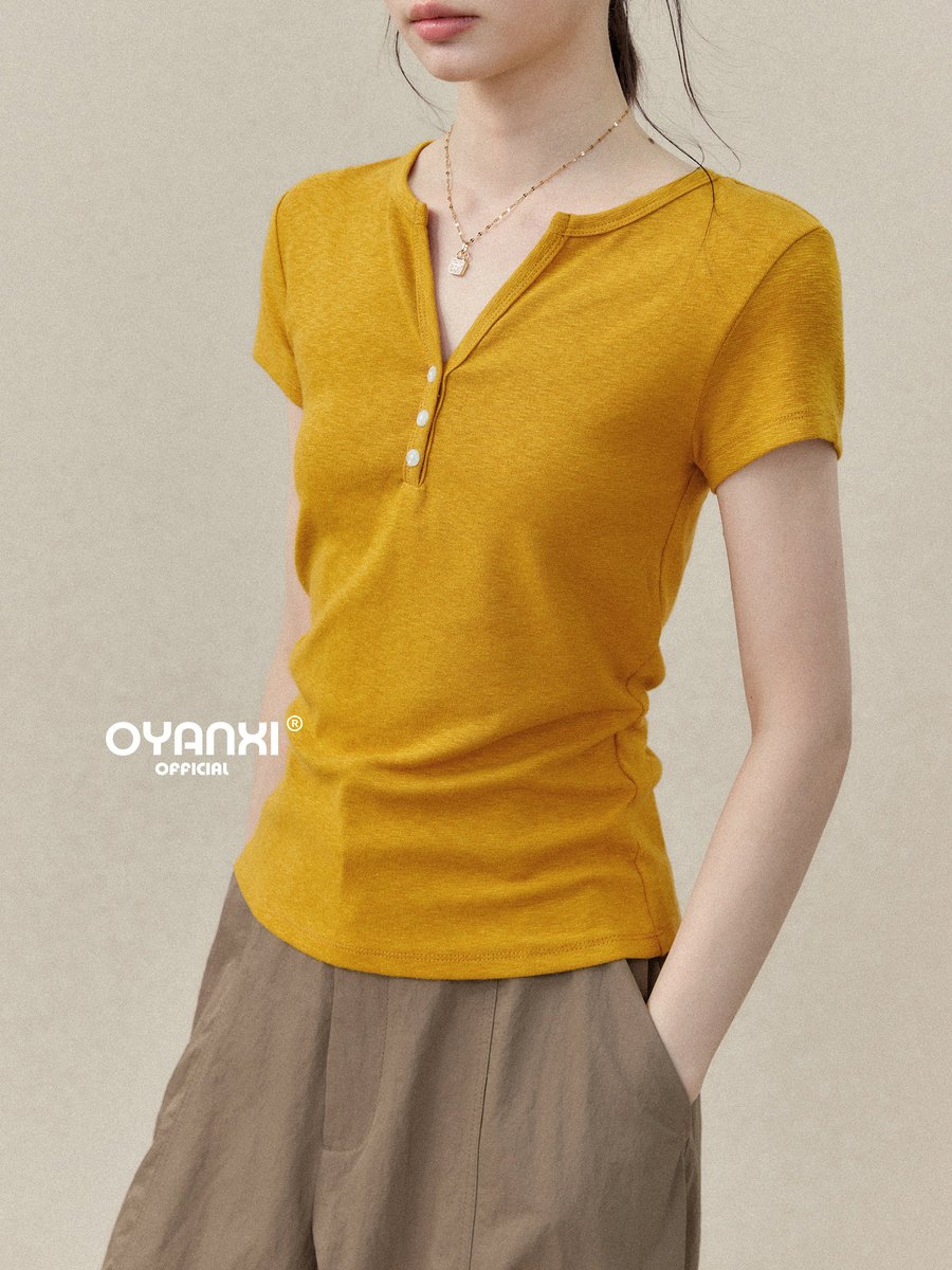 OYANXI Vネック ボタンデザイン 半袖Tシャツ
