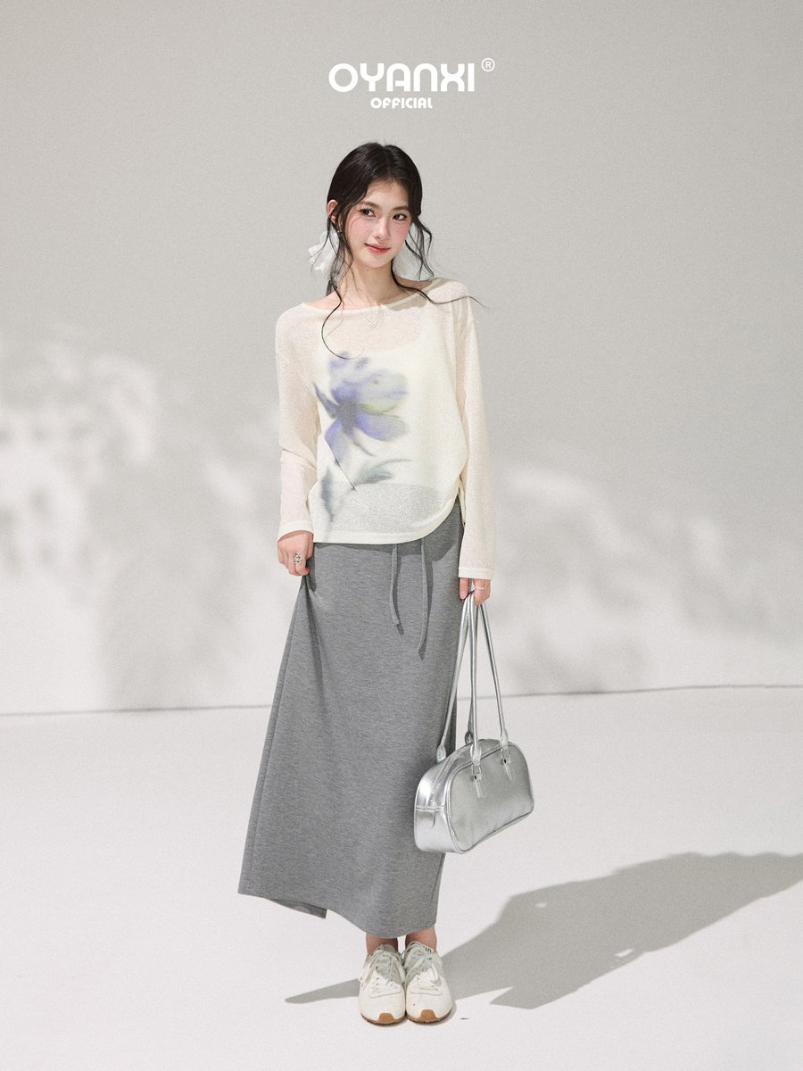 OYANXI ボタニカルプリント クルーネック 長袖カバーアップTシャツ