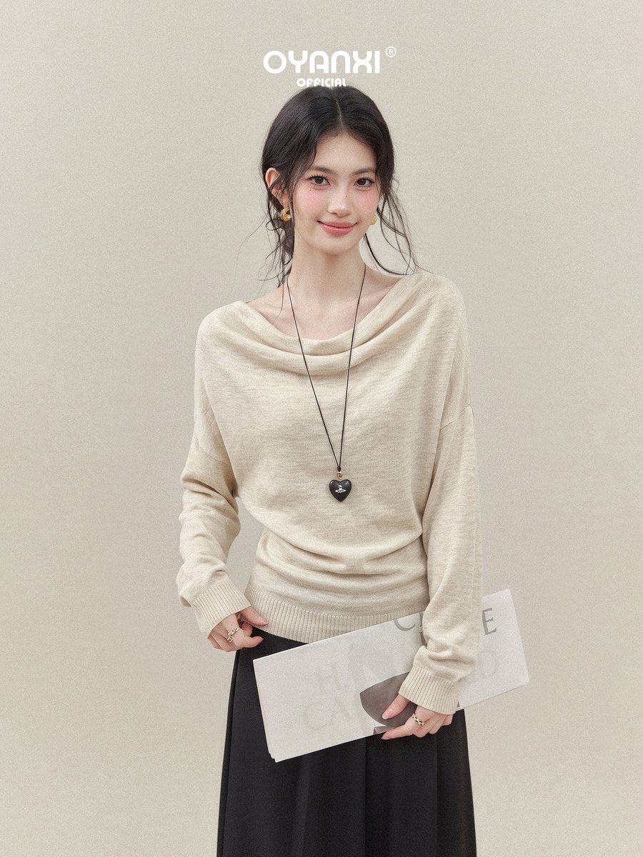 OYANXI ドレープネック ゆったり ウエストシェイプ 長袖ニットトップス