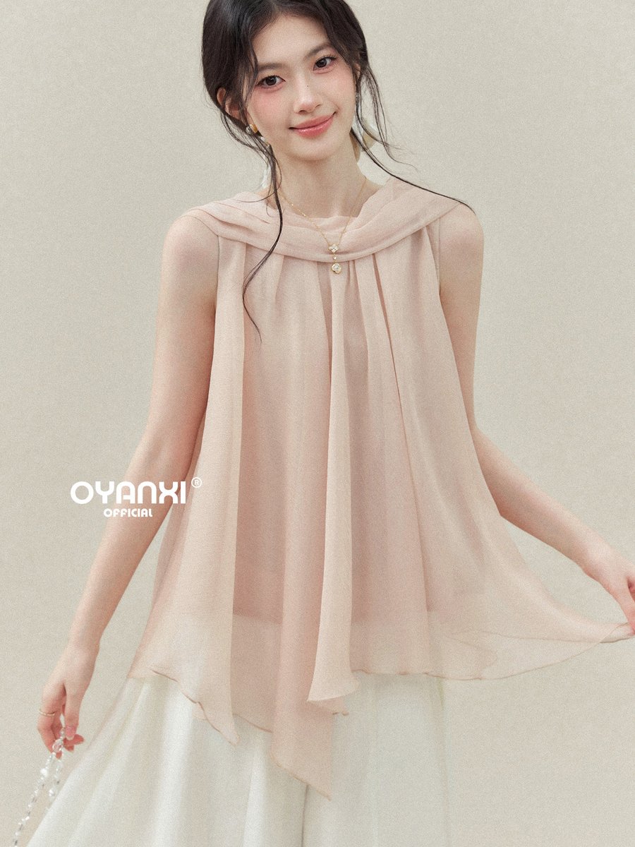 OYANXI ケープ風 リボン アシンメトリー ノースリーブトップス