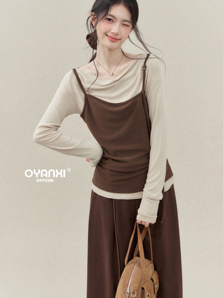 OYANXI 配色 フェイクレイヤード ドレープネック ギャザーTシャツ