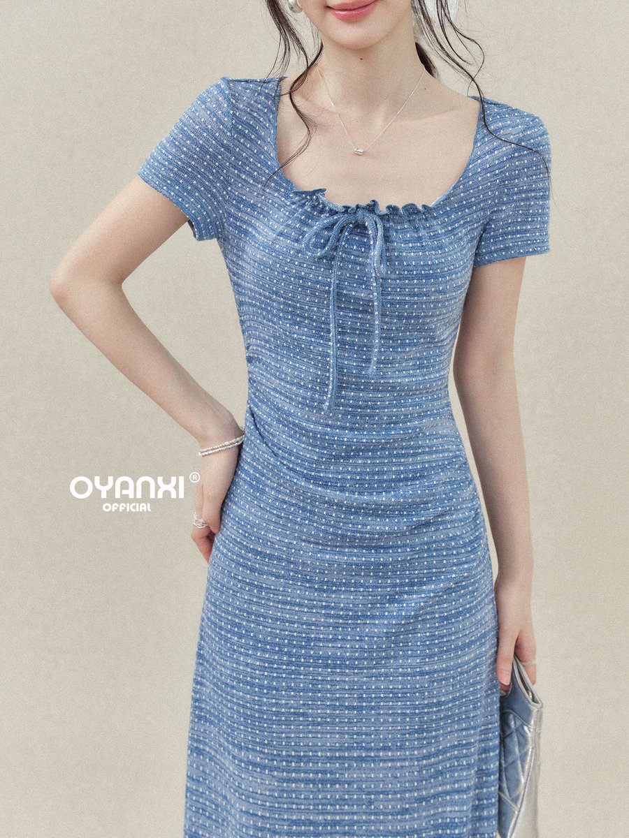 OYANXI ドット柄 スクエアネック フリル ロングワンピース