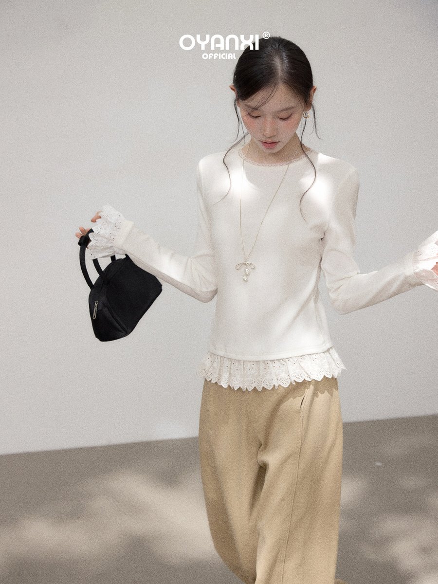 OYANXI レーストリム クルーネック スリム 長袖Tシャツ