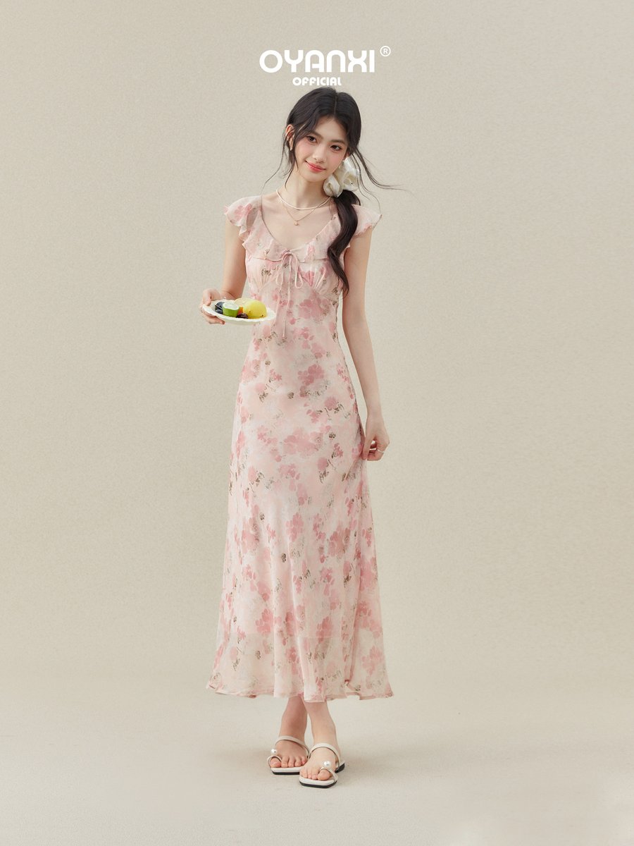 OYANXI 小花柄 フリルスリーブ ウエストシェイプ ロングワンピース