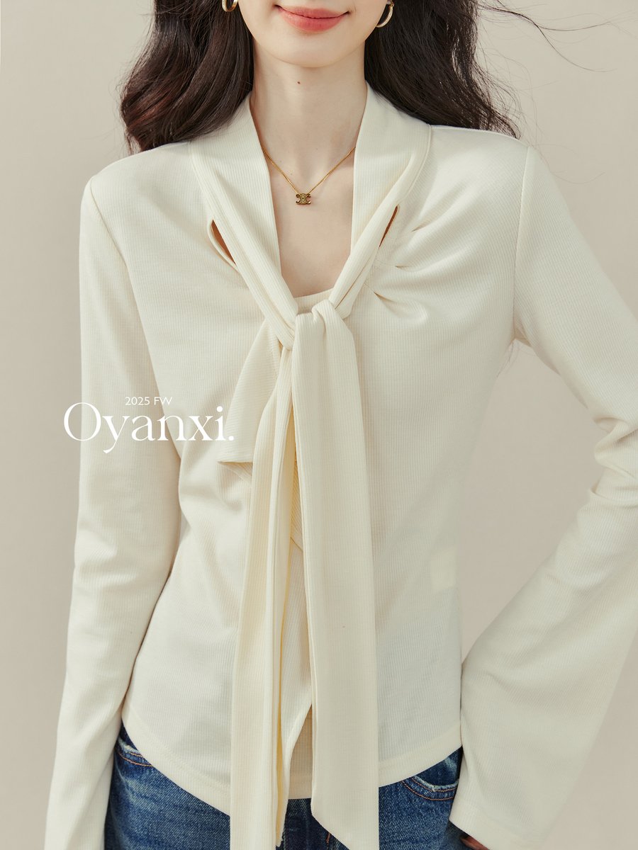 OYANXI フレアスリーブ リボン 長袖Tシャツ
