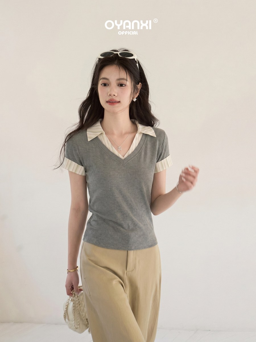 OYANXI 襟付き フェイクレイヤード ショート丈 半袖Tシャツ