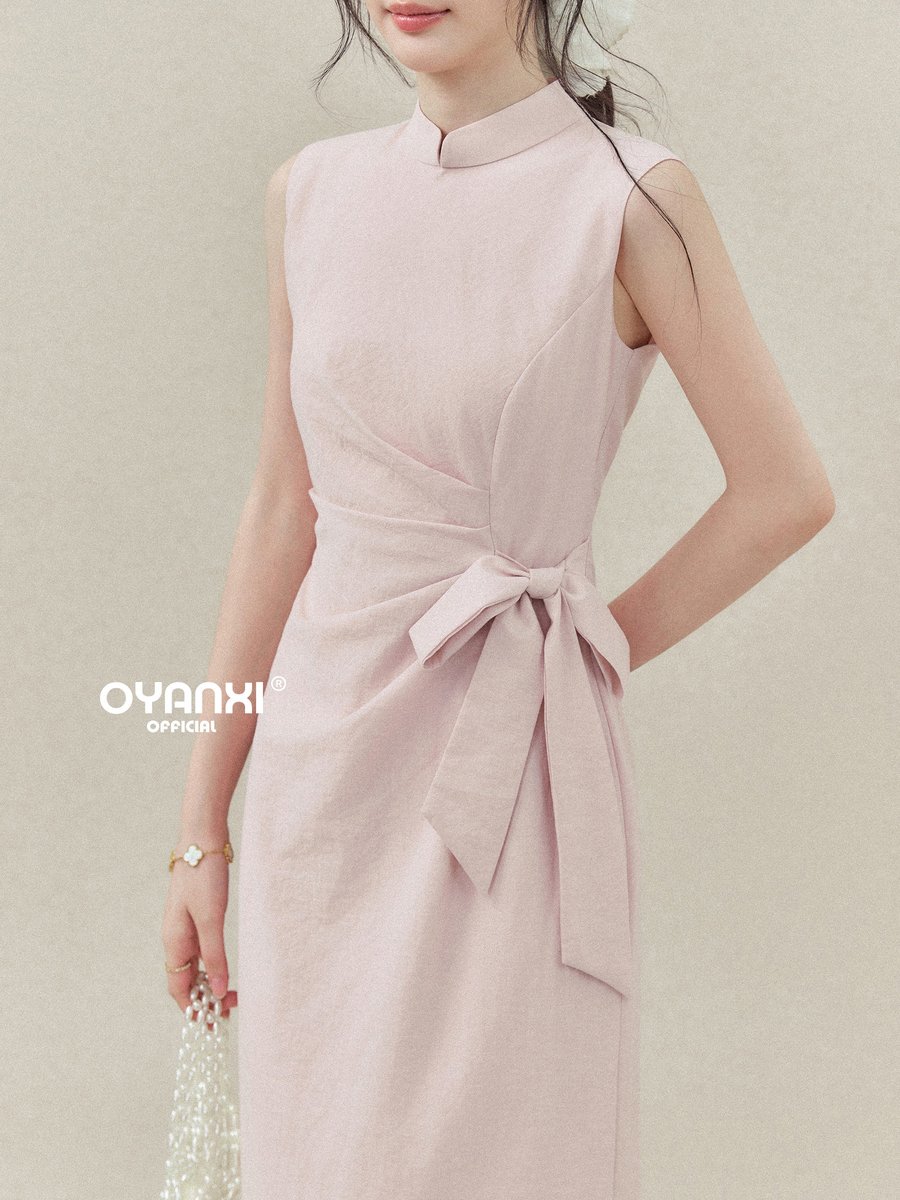 OYANXI アシンメトリー リボン ノースリーブワンピース