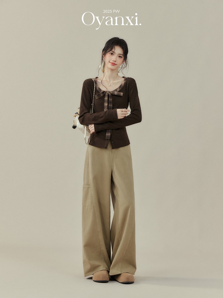 OYANXI ハイウエスト ストレート ワイドパンツ カーキグリーン