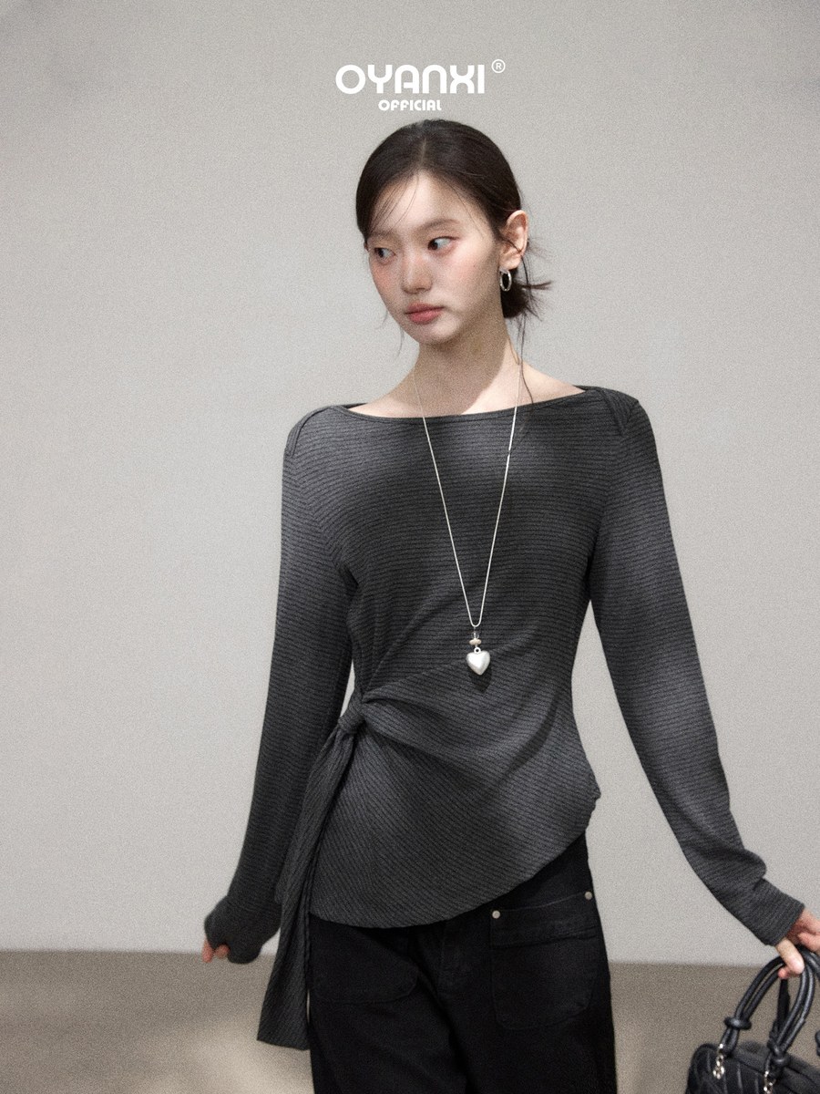 OYANXI サイドリボン ウエストシェイプ 長袖ニットTシャツ