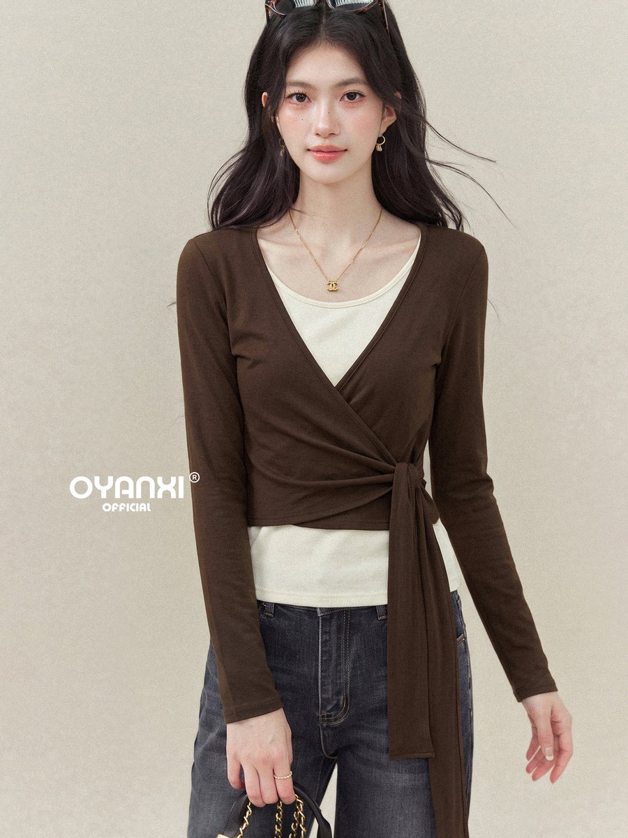 OYANXI Vネック フェイクレイヤード ウエストリボン 長袖Tシャツ