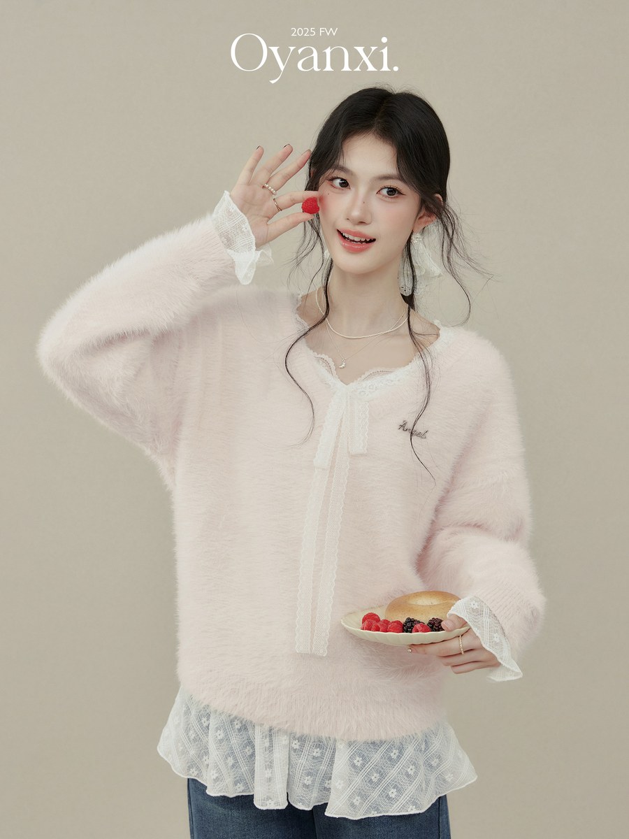 OYANXI Vネック ベルスリーブ ピンクニット