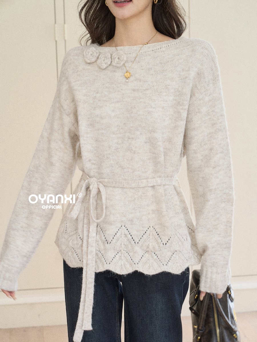 OYANXI ワンショルダー 立体かぎ編みフラワー ウェーブヘム セーター