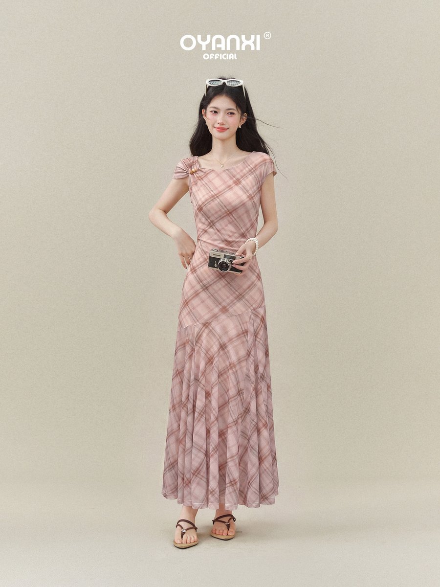 OYANXI チェック柄 アシンメトリー マーメイドロングワンピース
