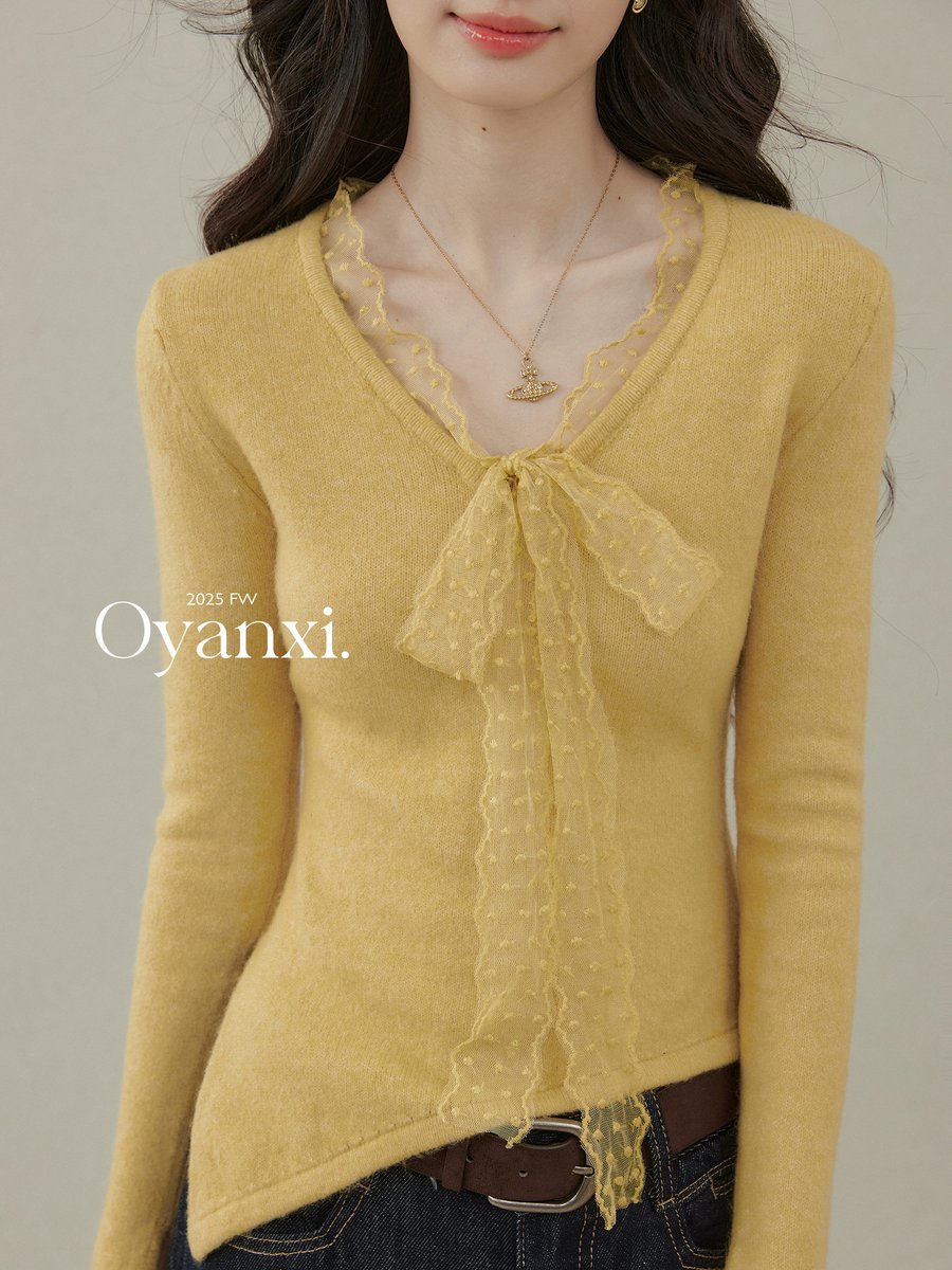 OYANXI マスタードカラー 長袖 ニットトップス
