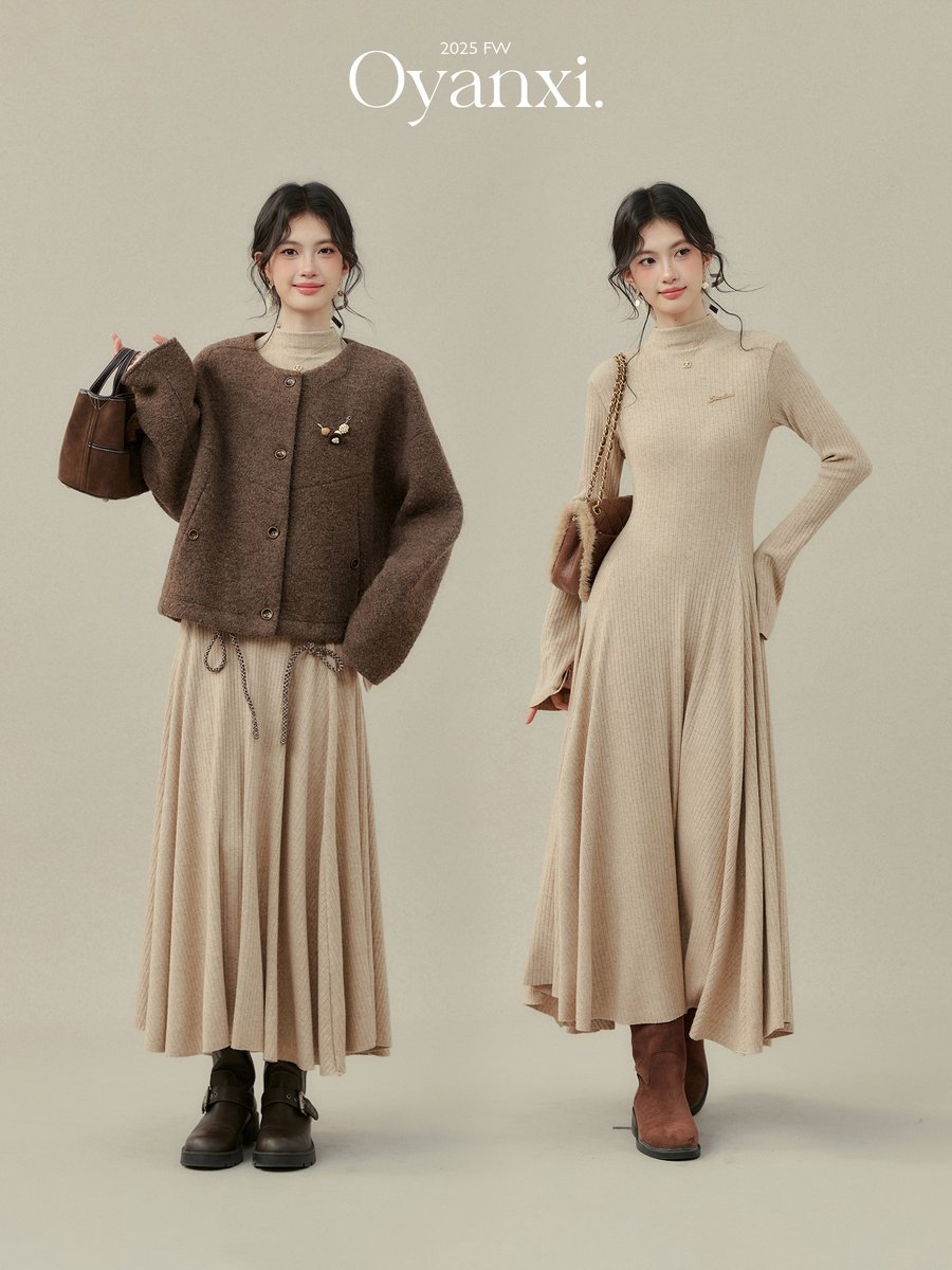 OYANXI ハーフネック ウエストシェイプ ロングニットワンピース
