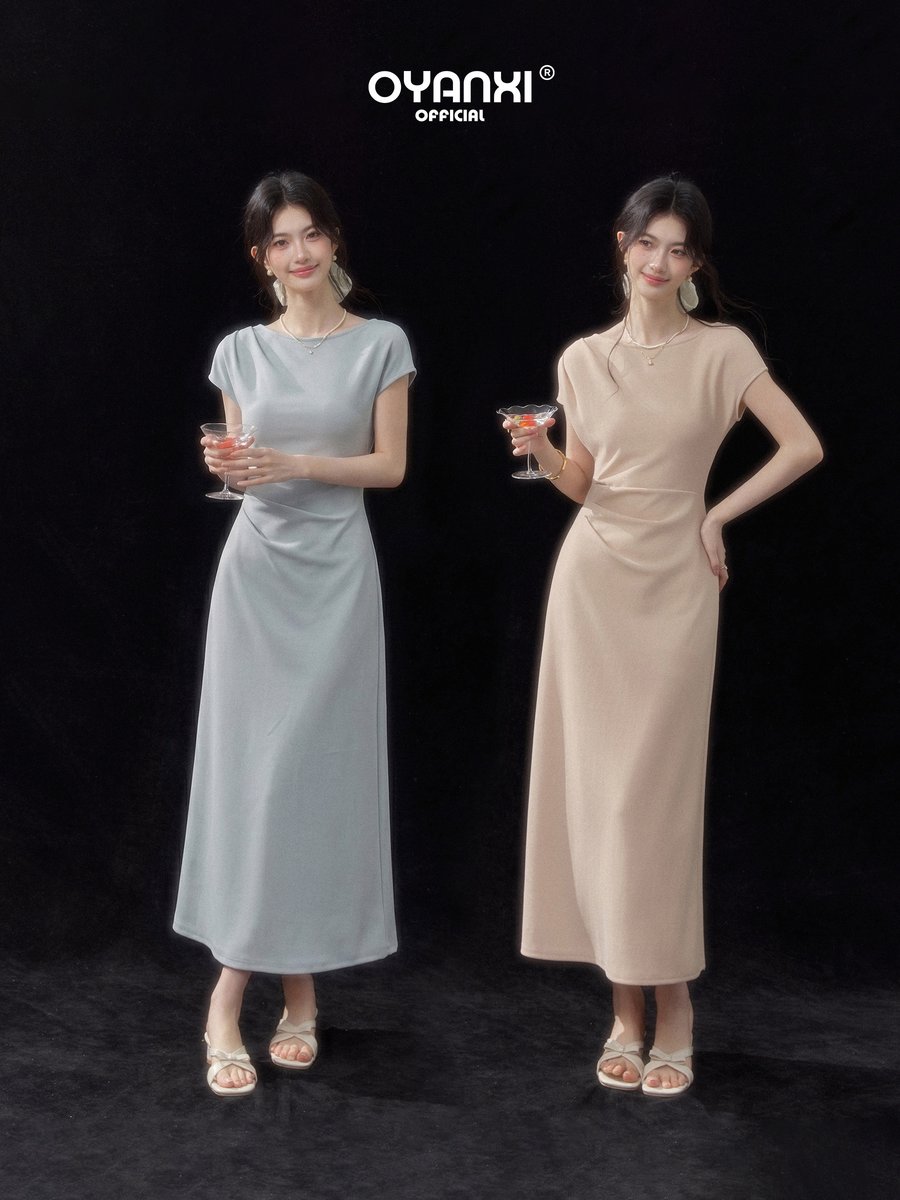 OYANXI クルーネック ウエストマーク 半袖ロングワンピース