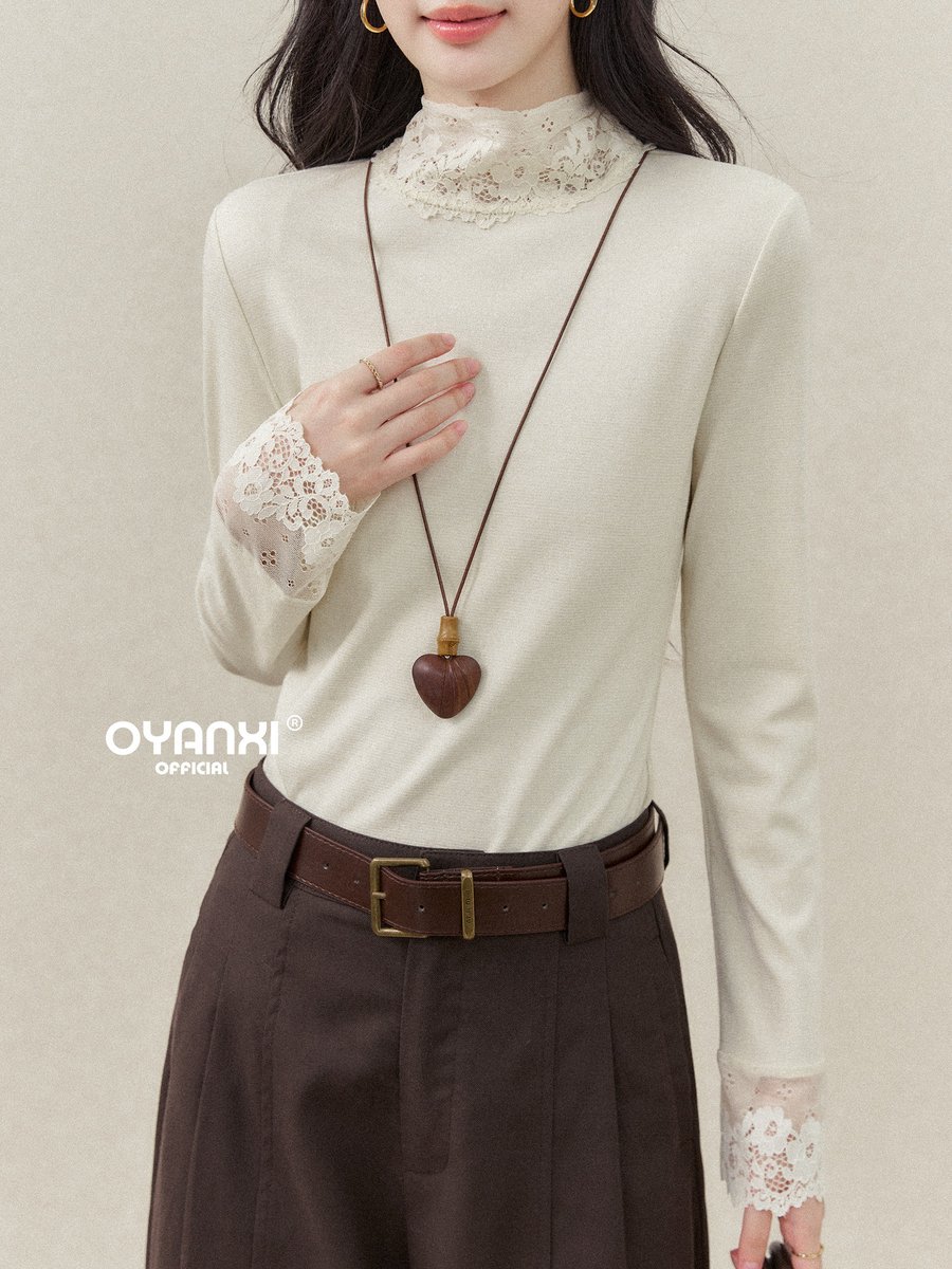 OYANXI ハーフハイネック レース袖口 スリム 長袖Tシャツ