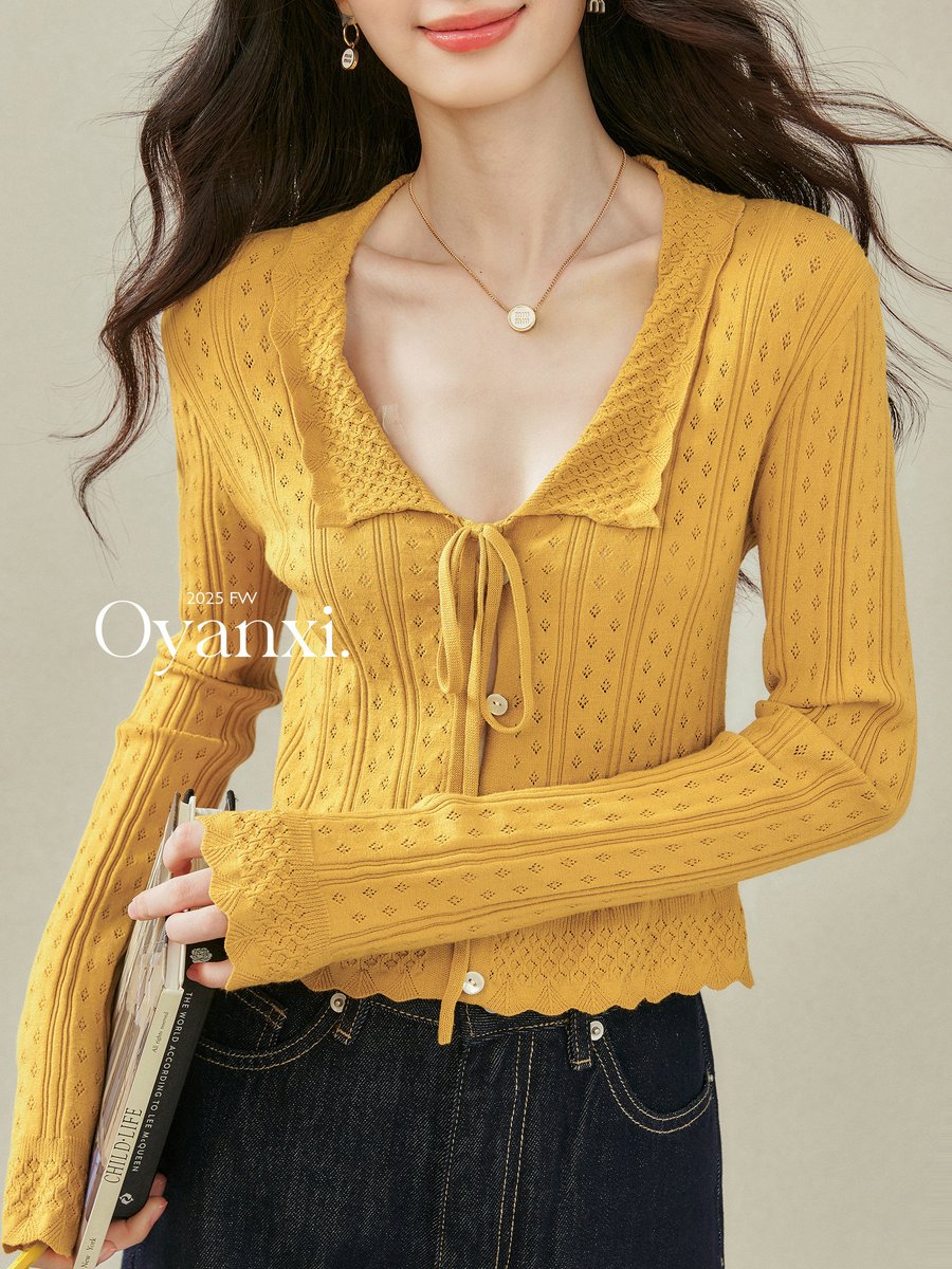 OYANXI リボン ショート丈 長袖ニット