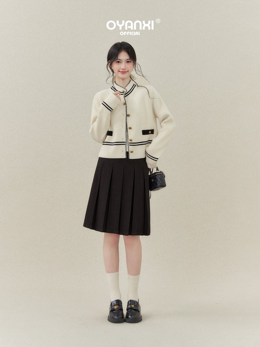 OYANXI スタンドカラー ストライプ 長袖ニットカーディガン