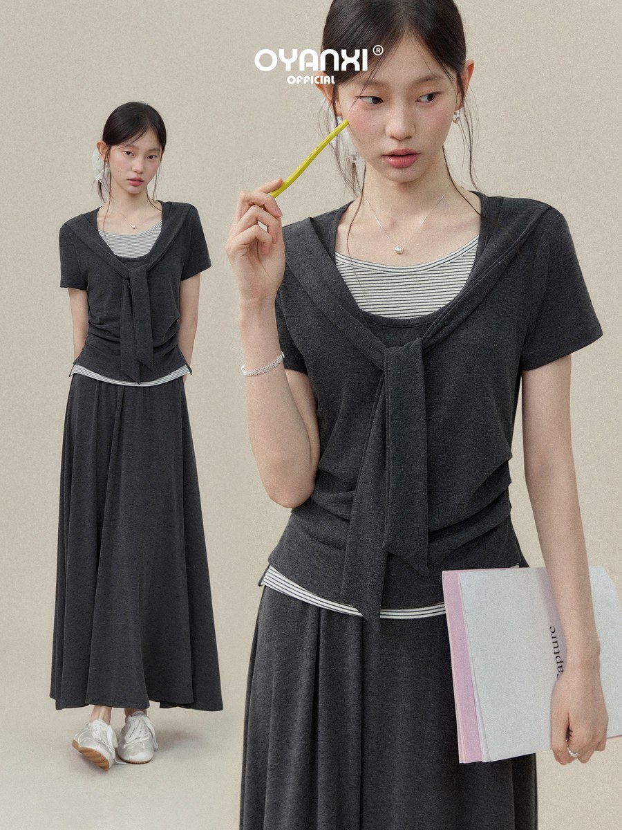 OYANXI フェイクレイヤード 半袖トップス＆スカート セットアップ