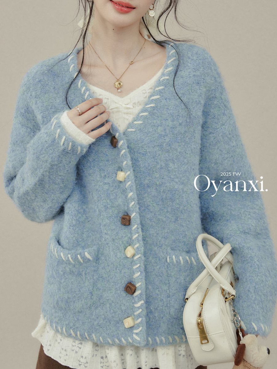 OYANXI Vネック ゆったり スカイブルー ニットカーディガン