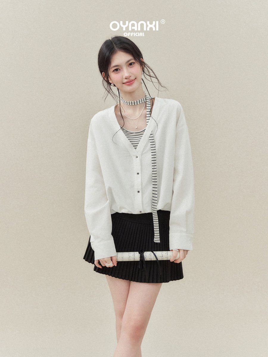 OYANXI ストライプ切り替え フェイクレイヤード Vネックシャツ
