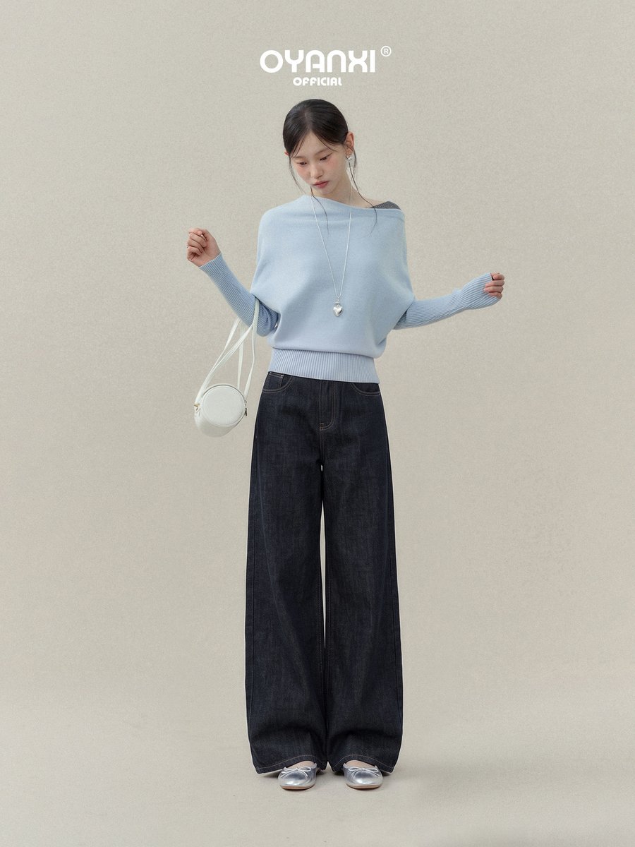 OYANXI アシンメトリーリボン ハイウエスト ワイドデニムパンツ