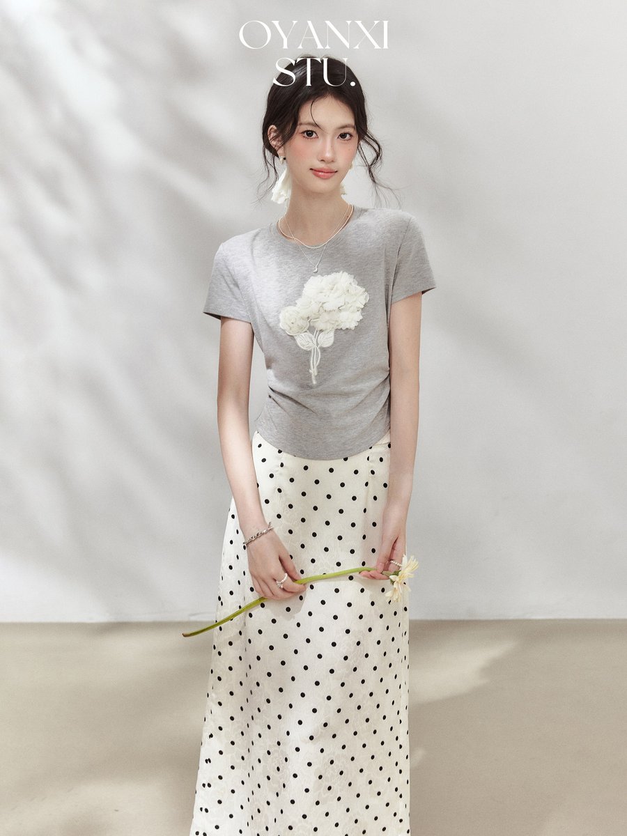 OYANXI 立体フラワー ギャザー 半袖Tシャツ