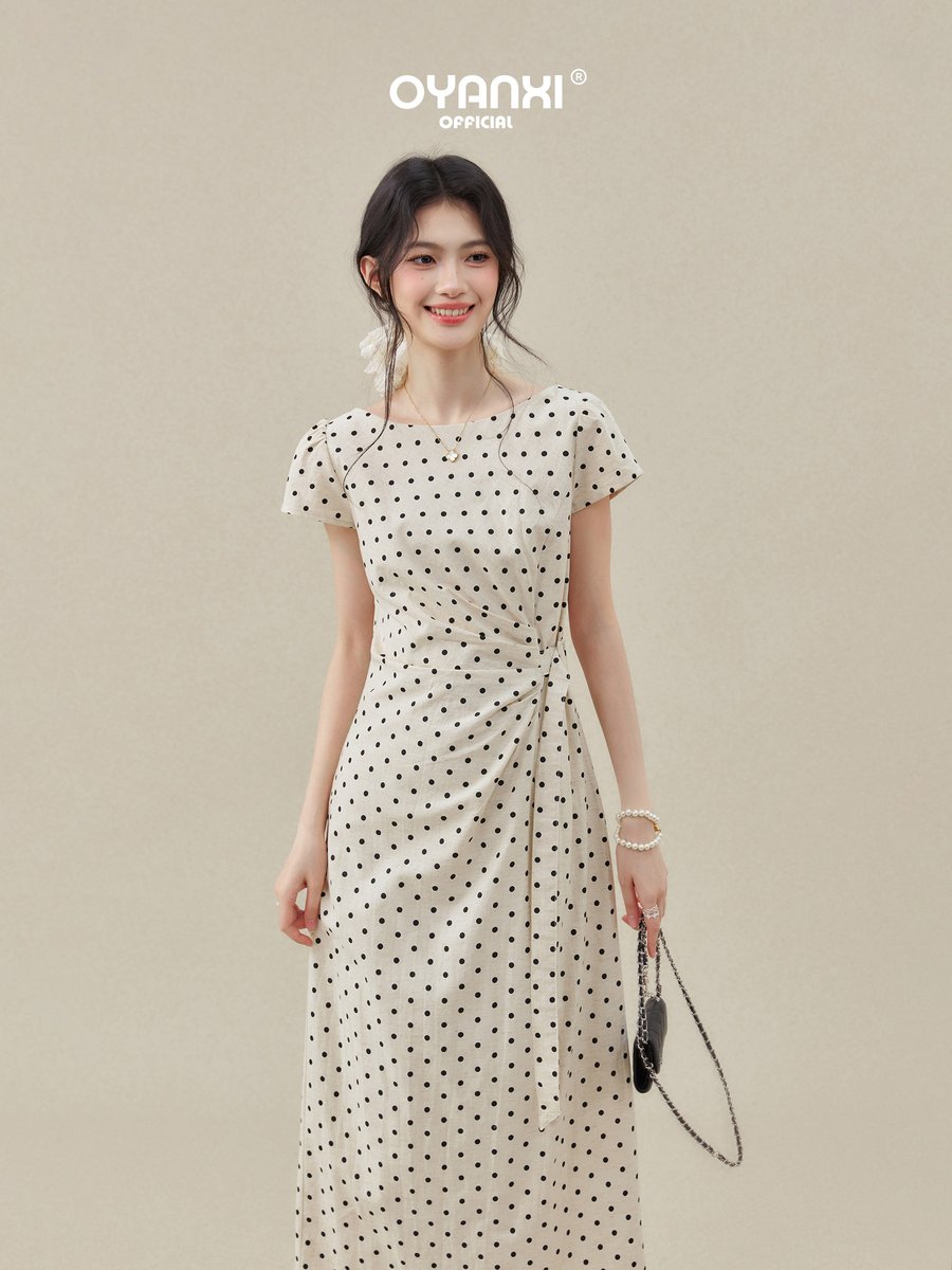 OYANXI ドット柄 クルーネック 半袖ロングワンピース