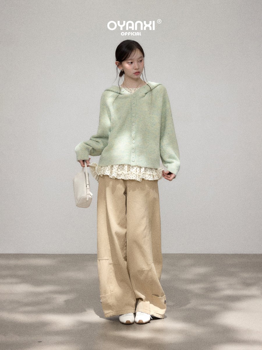 OYANXI フード付き ショート丈 ニットカーディガン