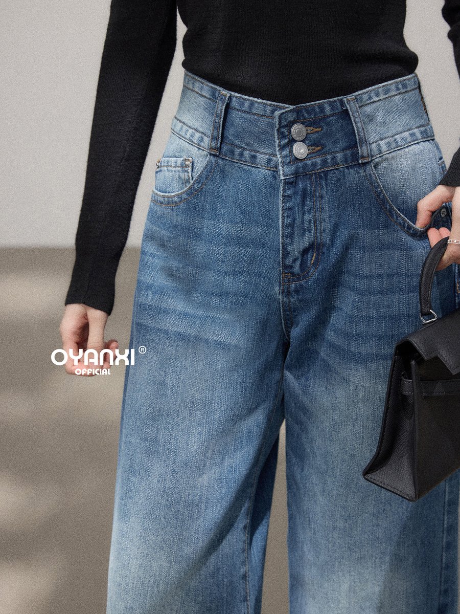 OYANXI ヴィンテージブルー ウォッシュ ハイウエスト ワイドデニムパンツ