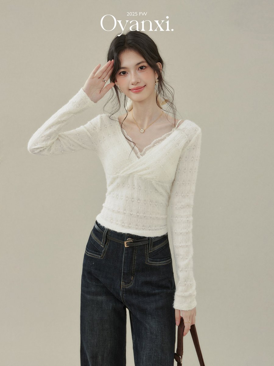 OYANXI レース切り替え Vネック 長袖Tシャツ
