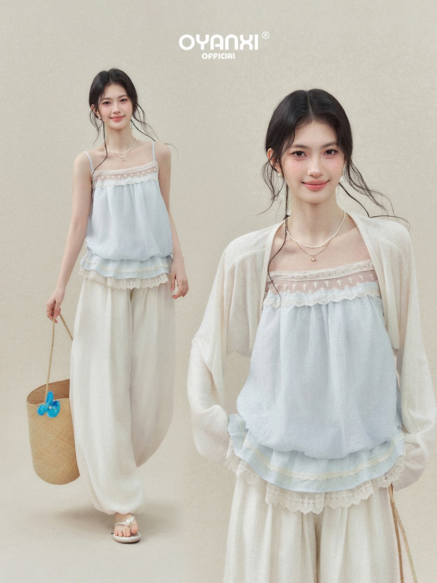 OYANXI レーストリム 2段フリル キャミソールトップス