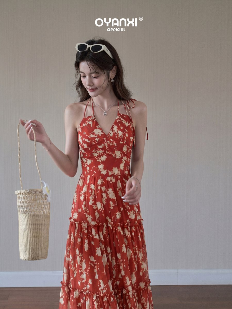 OYANXI 花柄 ホルターネック Aライン ロングワンピース
