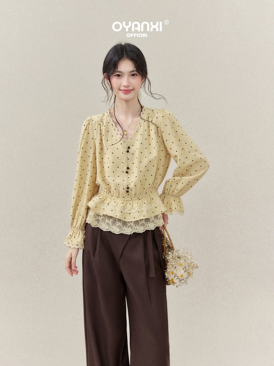 OYANXI レーストリム Vネック ダブルレースヘム シャツ