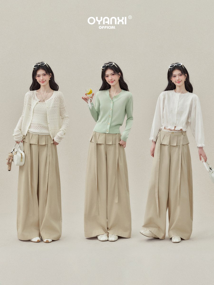 OYANXI リボン フリル付き ロング丈 ワイドパンツ