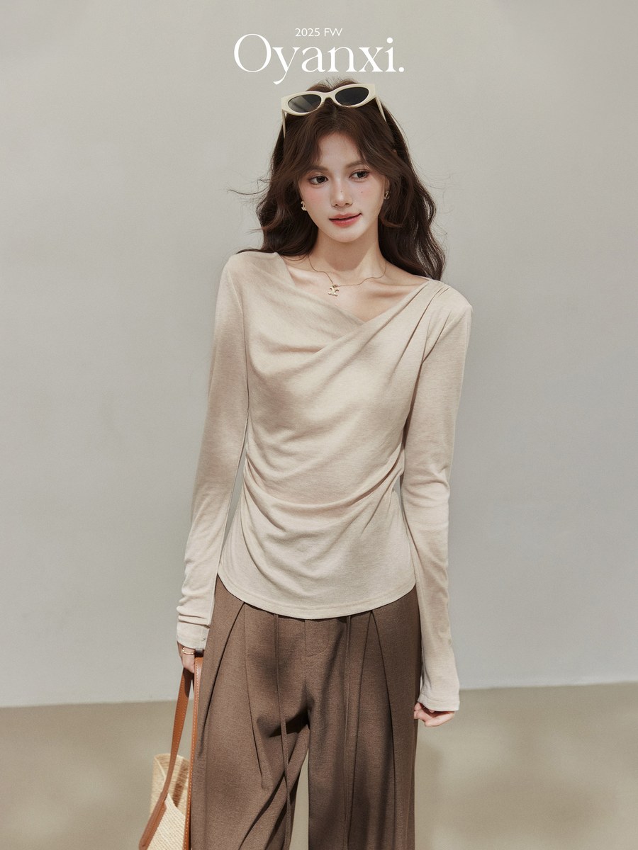 OYANXI ギャザー アシンメトリーネック 長袖Tシャツ