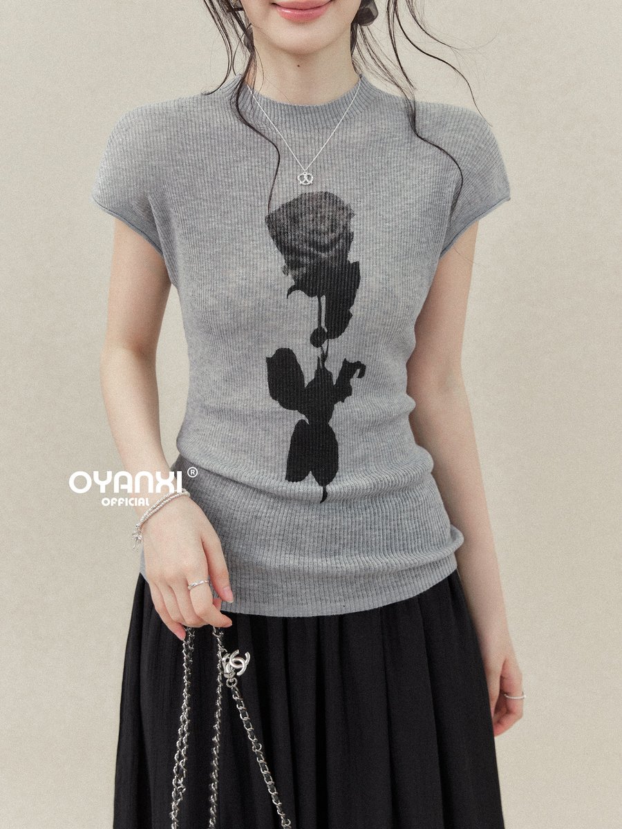 OYANXI フラワーモチーフ スリム 半袖ニットトップス